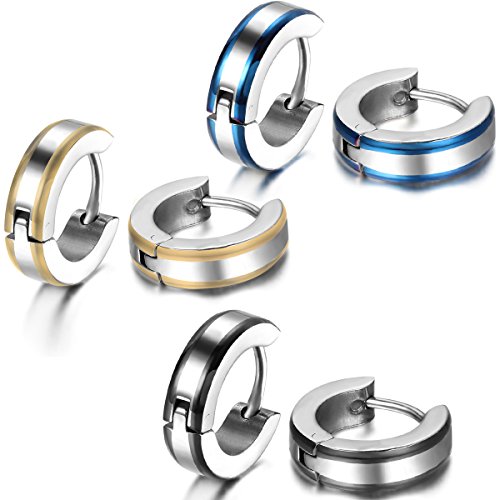 Jewelrywe joyas - pendientes hombre, 4 mm de ancho Fácil lisa Pendientes de aro pendientes, acero inoxidable, Negro Oro Azul Plata