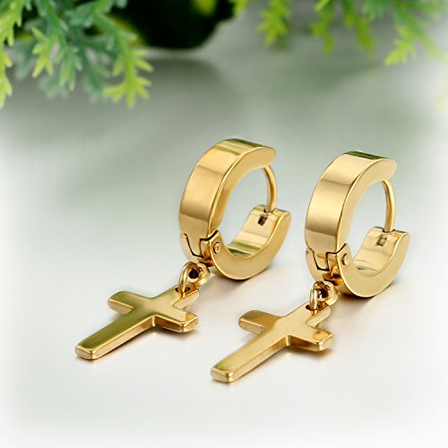 Jewelrywe Joyería 1 Par Pendientes de hombre mujer, niña, Cruz Semental Aro, Acero inoxidable, Color plata Negro (con bolsa de regalo)