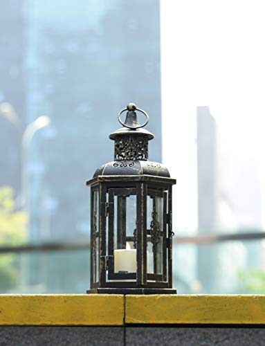 JHY DESIGN Linternas Decorativas: 25 cm de Alto, Estilo Vintage, Linterna Colgante, candelabro de Metal para Interiores al Aire Libre, Eventos, paridades y Bodas (Negro con Cepillo de Oro)