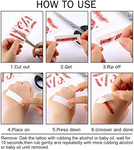 JIASHA Halloween Tatuajes Pegatinas,Halloween Zombie Cicatrices Tatuajes Pegatinas, para Fiesta de Disfraz Cosplay Mujeres Hombres Niños Múltiple Patrón (60 Piezas) (60)