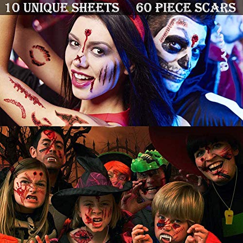 JIASHA Halloween Tatuajes Pegatinas,Halloween Zombie Cicatrices Tatuajes Pegatinas, para Fiesta de Disfraz Cosplay Mujeres Hombres Niños Múltiple Patrón (60 Piezas) (60)