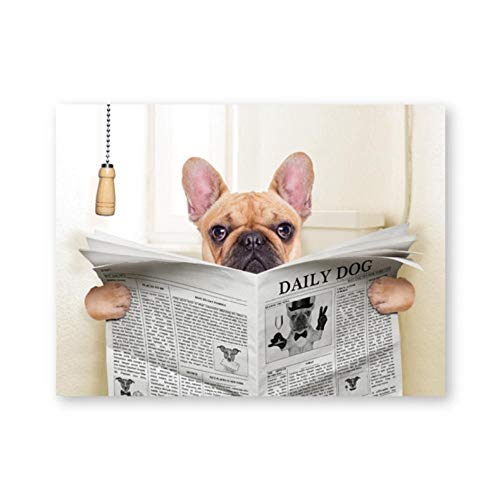 jiayuhong Imprimir Arte Divertido, Perro Bulldog francés Sentado en el Inodoro y Leer la Revista Animal Lienzo Arte Cartel Pintura Cuadro baño decoración de la Pared   40x60cmx1 sin Marco