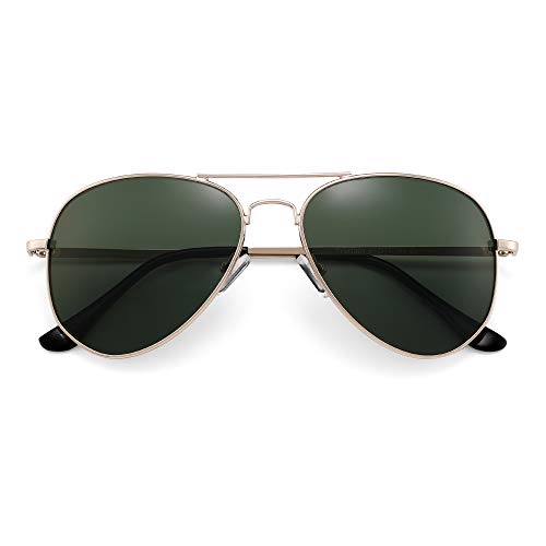JM Gafas de sol piloto polarizadas retro hombres, mujeres, gafas de sol con montura de metal, protección UV 400 (montura dorada clara/lente verde polarizada)