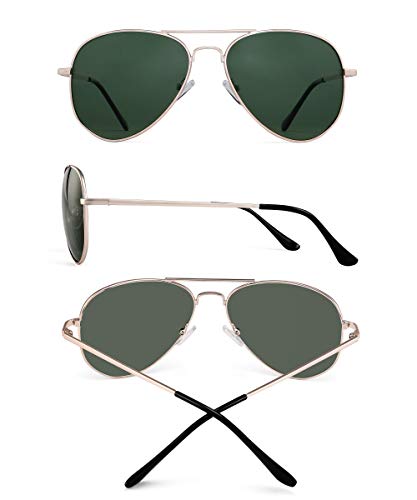 JM Gafas de sol piloto polarizadas retro hombres, mujeres, gafas de sol con montura de metal, protección UV 400 (montura dorada clara/lente verde polarizada)