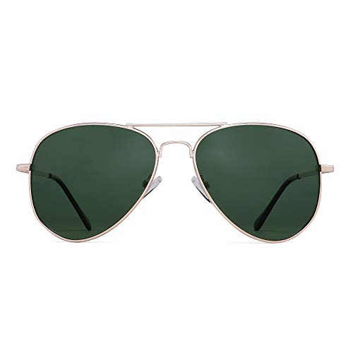 JM Gafas de sol piloto polarizadas retro hombres, mujeres, gafas de sol con montura de metal, protección UV 400 (montura dorada clara/lente verde polarizada)