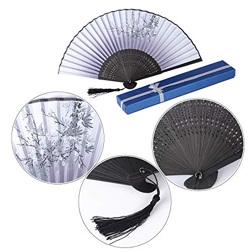 JNCH 2pcs Abanico Plegable de Mano Abanicos Bambú y Seda Ventilador de Mano Japones Patrón Sakura Mariposa Flor de Ciruelo con Cajas de Regalo para Boda Baile Fiesta Ceremonias Regalos Verano