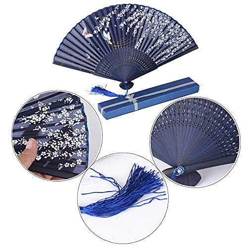 JNCH 2pcs Abanico Plegable de Mano Abanicos Bambú y Seda Ventilador de Mano Japones Patrón Sakura Mariposa Flor de Ciruelo con Cajas de Regalo para Boda Baile Fiesta Ceremonias Regalos Verano