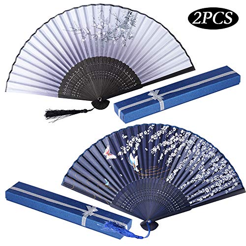 JNCH 2pcs Abanico Plegable de Mano Abanicos Bambú y Seda Ventilador de Mano Japones Patrón Sakura Mariposa Flor de Ciruelo con Cajas de Regalo para Boda Baile Fiesta Ceremonias Regalos Verano