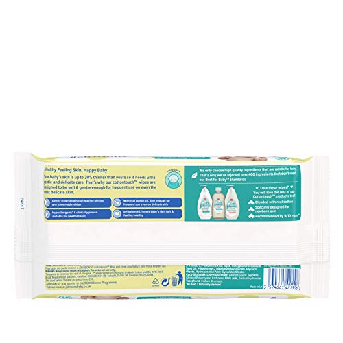 JOHNSON'S Cottontouch Toallitas extra sensibles 56 ct – mezcladas con algodón real – pH equilibrado para pieles delicadas