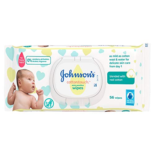 JOHNSON'S Cottontouch Toallitas extra sensibles 56 ct – mezcladas con algodón real – pH equilibrado para pieles delicadas
