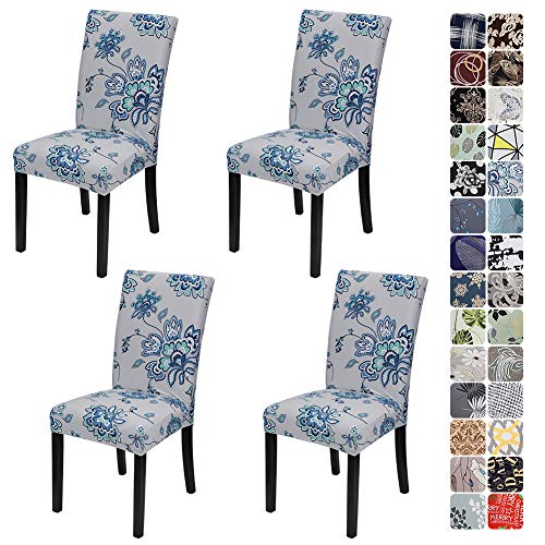 JOTOM - Fundas para sillas, universales, elásticas, modernas, para decoración navideña, para comedor, fiesta, hotel, restaurante, decoración (flores azules, juego de 4)