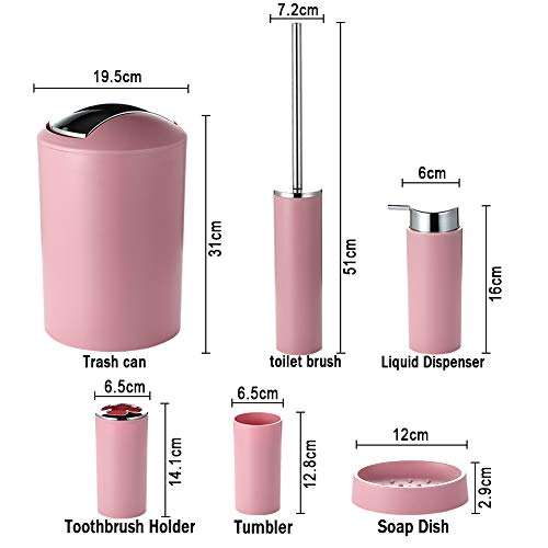 JOTOM Juego de Accesorios de Baño 6 Piezas,Cubo de Basura,Jabonera,Dispensador de jabón,Vaso,Vaso para Cepillo de Dientes y escobilla (Rosa)
