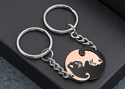 Jovivi - 2 llaveros de acero inoxidable para parejas con diseño de gato Ying Yang Tai Chi, para pareja, regalo de San Valentín