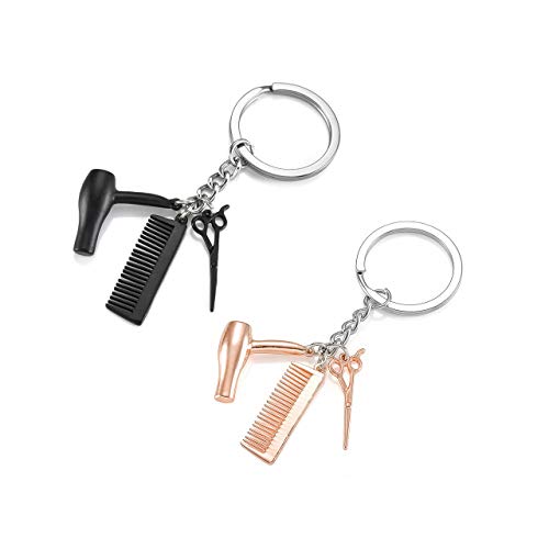 JOVIVI 3 en 1 secador de pelo, tijeras, peine para parejas, llaveros de coche, llaveros para mujeres, hombres, perfecto para propietarios de salón o peluquería