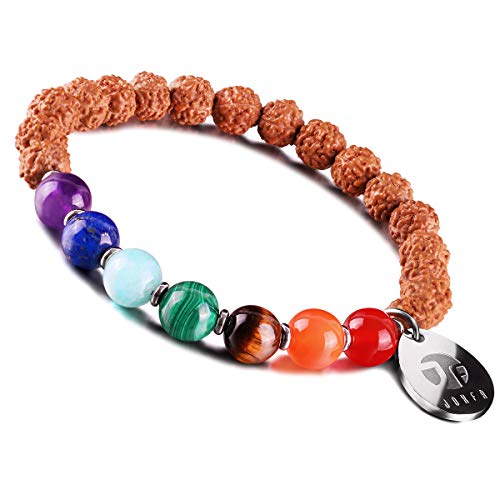 JOXFA Genuino Natural 8mm Piedras Preciosas Mala Granos Chakra Rudraksha Stretch Pulsera para Hombres Mujeres Yoga Meditación Budista Rosario (Rudraksha Chakra A)