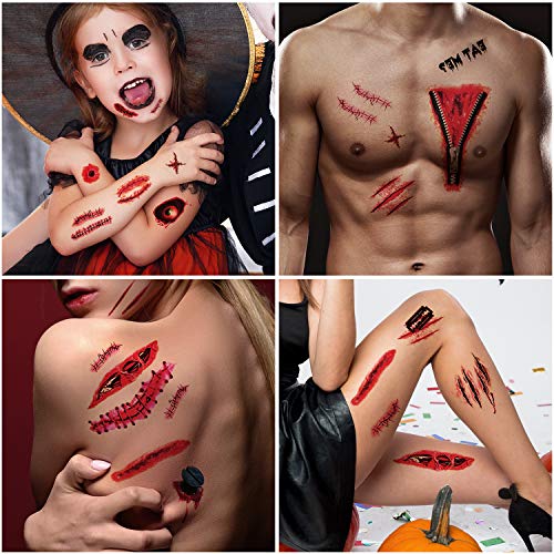 Joyjoz Tatuajes Temporales de Disfraz Halloween niña, niño, Mujer, Hombre, 48 Piezas Maquillaje Pegatinas de Cara Sangre Falsa para Decoraciones de Carnaval Fiesta de Cosplay