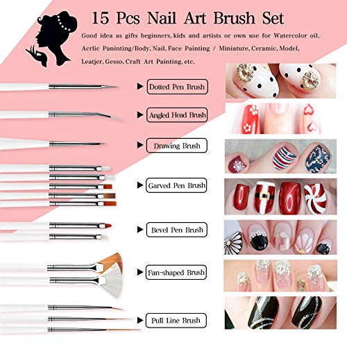 JOYJULY Kit de decoración uñas , 5 bolígrafos,15 brochas, 30 cintas de rayas, caja de rodillos de rayas 4 en 1, 12 colores de diamantes de imitación