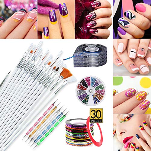 JOYJULY Kit de decoración uñas , 5 bolígrafos,15 brochas, 30 cintas de rayas, caja de rodillos de rayas 4 en 1, 12 colores de diamantes de imitación