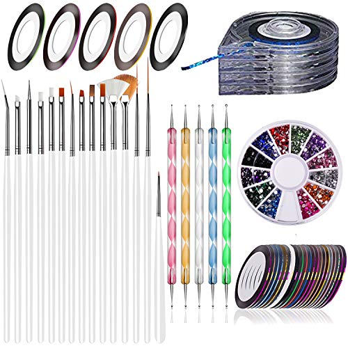 JOYJULY Kit de decoración uñas , 5 bolígrafos,15 brochas, 30 cintas de rayas, caja de rodillos de rayas 4 en 1, 12 colores de diamantes de imitación