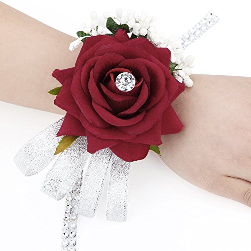 Juego con pulsera ramillete de rosas y boutonniere de diamante con cinta flor baile de boda, color rojo