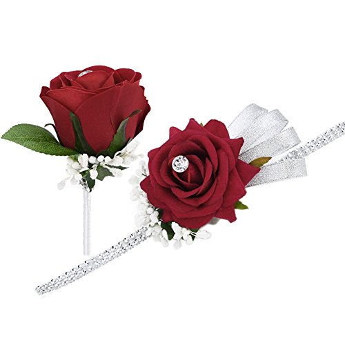 Juego con pulsera ramillete de rosas y boutonniere de diamante con cinta flor baile de boda, color rojo