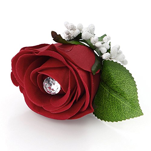 Juego con pulsera ramillete de rosas y boutonniere de diamante con cinta flor baile de boda, color rojo