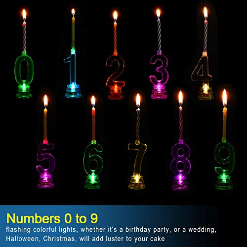 Juego de 10 Piezas Velas LED de Número de 0-9 Velas de Cumpleaños Intermitentes y 40 Piezas Velas de Cera para Fiesta de Cumpleaños (Vela Multicolor)