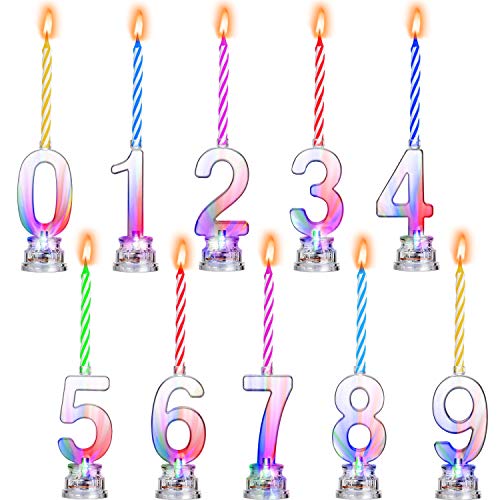 Juego de 10 Piezas Velas LED de Número de 0-9 Velas de Cumpleaños Intermitentes y 40 Piezas Velas de Cera para Fiesta de Cumpleaños (Vela Multicolor)
