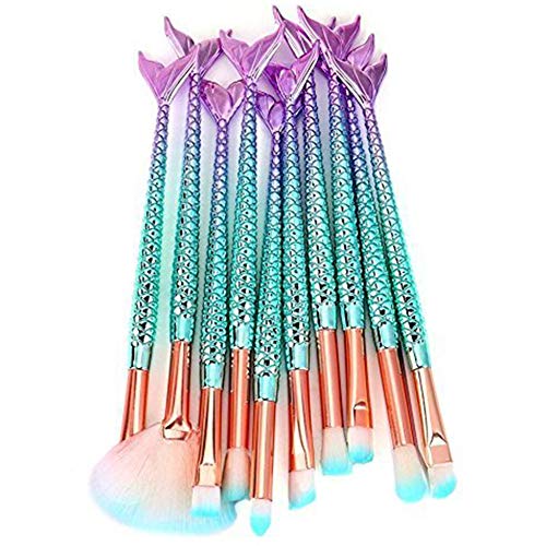 Juego de 11 brochas de maquillaje de sirena para maquillaje de ojos, corrector de sombras de ojos, delineador de ojos, brocha para difuminar cejas