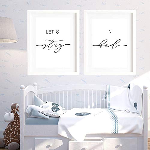 Juego de 2 – Impresión sobre lienzo con frases en blanco y negro con texto en inglés "Let's Stay in Bed" para recámara, decoración de pared, regalo romántico para el hogar (sin marco, 20,3 x 25,4 cm)