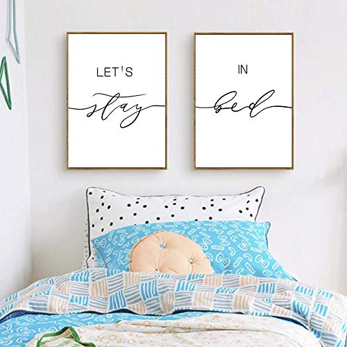 Juego de 2 – Impresión sobre lienzo con frases en blanco y negro con texto en inglés "Let's Stay in Bed" para recámara, decoración de pared, regalo romántico para el hogar (sin marco, 20,3 x 25,4 cm)