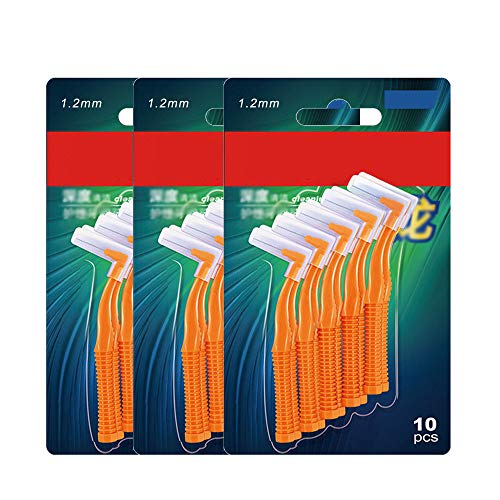 Juego de 30 cepillos interdentales (0,6 mm a 1,2 mm), fácil y simple limpieza interespacial con mango largo y cuello en ángulo.