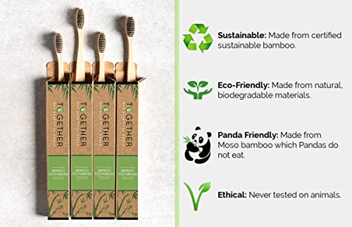 Juego de 4 cepillos de dientes de bambú natural premium de Together | ecológicos y biodegradables | cerdas de bambú de origen sostenible y sin BPA