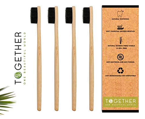 Juego de 4 cepillos de dientes de bambú natural premium de Together | ecológicos y biodegradables | cerdas de bambú de origen sostenible y sin BPA