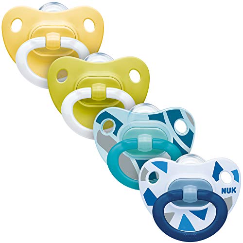 Juego de 4 chupetes NUK con 2 chupetes Happy Days y 2 chupetes de moda, 6 – 18 meses, silicona, forma adaptada a la mandíbula, colores neutros