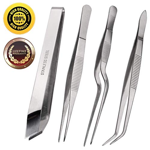Juego de 4 pinzas de acero inoxidable de 16 cm con puntas afiladas y dentadas de precisión, color plateado, utensilios de cocina, de belleza o medicina