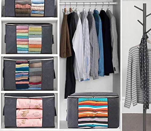 Juego de 5 Bolsas de Almacenaje Plegable Caja de Tela de Fibra de Carbón de Bambú para Almacenamiento y Organización de Edredón, Sábanas Fundas Mantas y Ropa