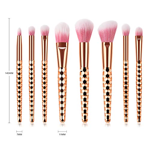 Juego de 8 brochas de maquillaje con mango de plástico y cerdas de nailon suaves de color oro rosa con forma de panal de abeja para mujer (TM-109)