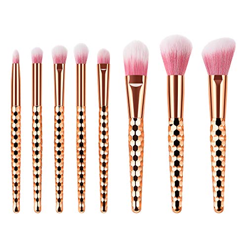Juego de 8 brochas de maquillaje con mango de plástico y cerdas de nailon suaves de color oro rosa con forma de panal de abeja para mujer (TM-109)