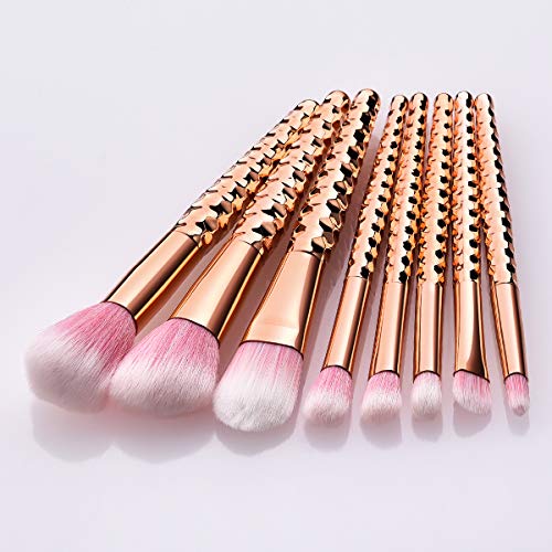 Juego de 8 brochas de maquillaje con mango de plástico y cerdas de nailon suaves de color oro rosa con forma de panal de abeja para mujer (TM-109)