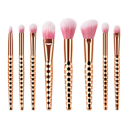 Juego de 8 brochas de maquillaje con mango de plástico y cerdas de nailon suaves de color oro rosa con forma de panal de abeja para mujer (TM-109)
