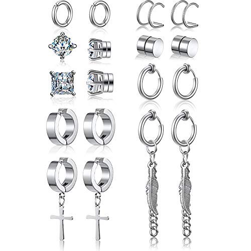 Juego de 9 Pares de Pendientes Magnéticos No Perforante Pendientes Colgantes de Plumas de Acero Inoxidable Pendientes de Imán CZ Pendiente de Aro de Cruz con Bisagras, Plata