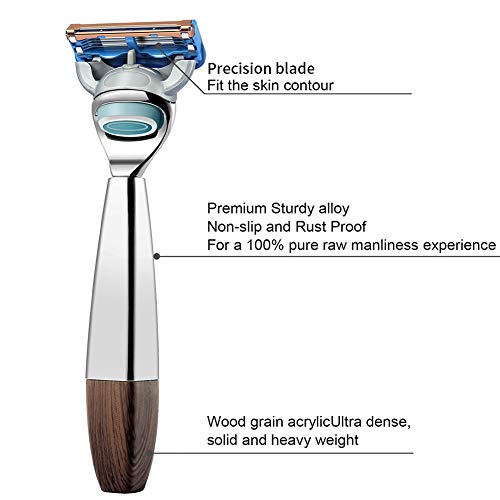 Juego de afeitar GRUTTI, maquinilla de afeitar de cromo de lujo y soporte para brocha con tazón de jabón y brocha de afeitar de pelo de tejón Navaja de seguridad compatible con Fusion 5