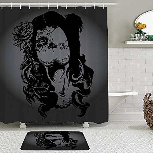 Juego de cortinas y tapetes de ducha de tela,Gris oscuro Día del tatuaje Dead Sugar Skull Face Holidays Zombie Mexican,cortinas de baño repelentes al agua con 12 ganchos, alfombras antideslizantes