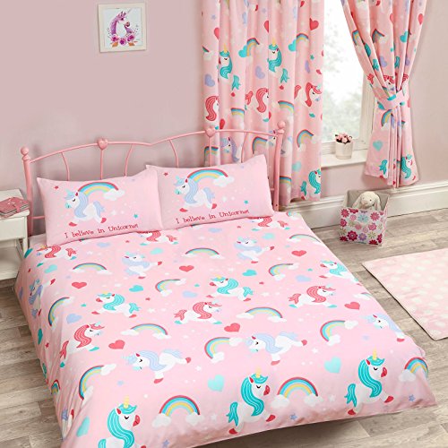 Juego de funda de edredón y funda de almohada con diseño de unicornios, color rosa
