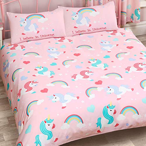 Juego de funda de edredón y funda de almohada con diseño de unicornios, color rosa
