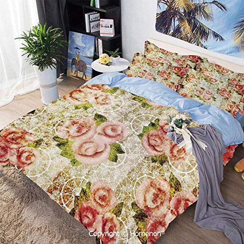 Juego de funda nórdica de 3 piezas, motivo floral artístico psicodélico de Grunde con patrones boho de encaje oscuro retro con fecha, para habitación de invitados, rosa, verde, crema, fácil cuidado, a
