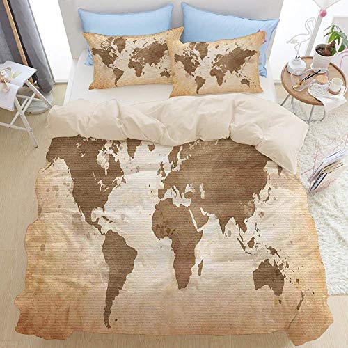 Juego de Fundas nórdicas en Color Beige, ilustración de los continentes de la Tierra Arreglo de Estilo Vintage con Efecto Ombre, Juego de Cama Decorativo de 3 Piezas con 2 Fundas de Almohada