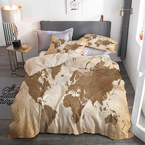 Juego de Fundas nórdicas en Color Beige, ilustración de los continentes de la Tierra Arreglo de Estilo Vintage con Efecto Ombre, Juego de Cama Decorativo de 3 Piezas con 2 Fundas de Almohada