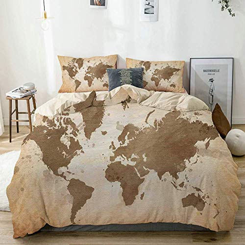 Juego de Fundas nórdicas en Color Beige, ilustración de los continentes de la Tierra Arreglo de Estilo Vintage con Efecto Ombre, Juego de Cama Decorativo de 3 Piezas con 2 Fundas de Almohada